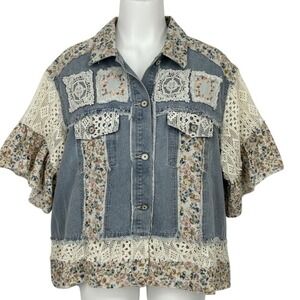 POL Floral Crochet Patchwork Denim Jacket Blue Lace Boho Shacket Large